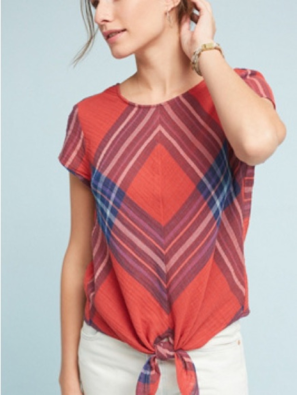 cloth & stone Red Plaid Tie-Front Cap Sleeve Top